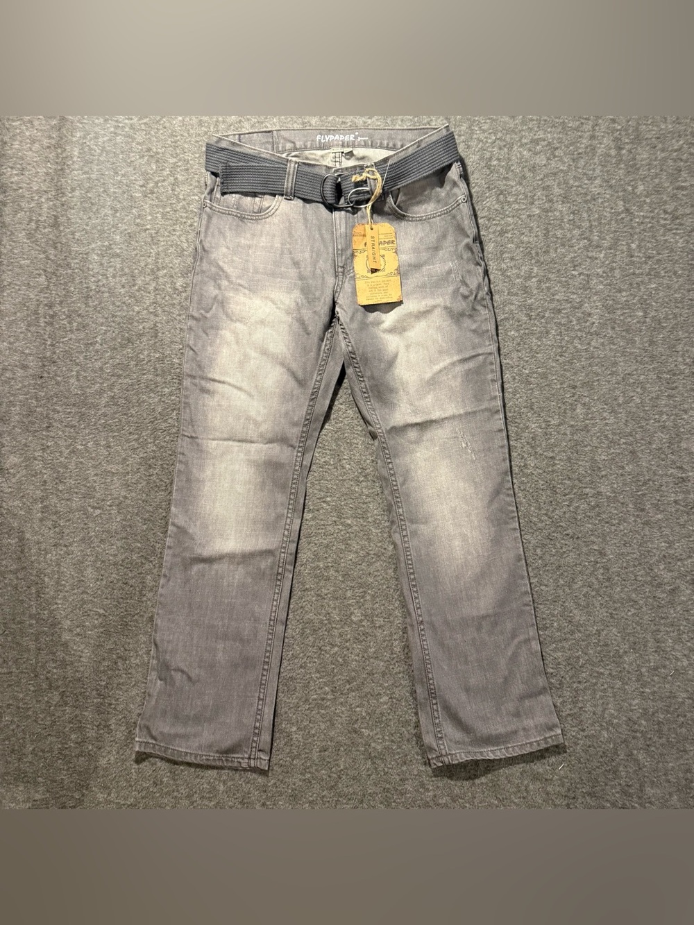 Flypaper Gray Jeans Mens 33x30 Straight Belted 100% Cotton Faded Distressed y2k